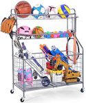 WEYIMILA Sports Storage Organizer for Garage, Ball Storage Garage with Baskets and Hooks, Rolling Sports Equipment Storage Cart with Wheels, Basketball Racks, Garage Sports Equipment Organizer