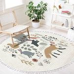 Round Rugs Hand Drawn Scandinavian Style Set Forest Animals Plants Isolated Clip Boho Area Rug Linen & Cotton Carpet Meditation Washable Hallway Runner Mat Accent for Bedroom Bathroom 4ft, Multicolor