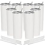 8 Pack Stainless Steel Skinny Tumbler 20oz Double Wall Stainless Steel Slim Insulated Tumbler with Straw, Bulk Tumbler Vinyl DIY Gifts (White)