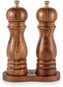 Salt and Pepper Grinder Set with Tray, 2 Pack 7 Inch Acacia Wood Manual Pepper Mill & Salt Grinder, Adjustable Ceramic Grinder, Pepper Mill Shakers for Kitchen Dining Table Gift (Wood)