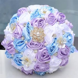 MaxxCloud 9.4‘’ Handmade Romantic Toss Bouquet for Bride Stunning Bridesmaid Brooch Wedding Bouquet with Jewelry Petals Blue Lavender and Ivory
