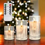 Christmas LED Glass Flameless Candles with Remote and Timer, Real Wax Battery Operated Candles Warm Color Flickering Light for Festival Home Party Decor(Pack of 3)-Silver