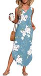 AUSELILY Womens Maxi Dress Halter Sleeveless Beach Sun Coverup Tank Holiday Split Dress with Pockets Floral Light Blue M