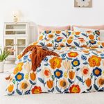 SUSYBAO Cartoon Floral Duvet Cover King 100% Cotton Cute Flower Duvet Cover 3 Pieces Set 1 Watercolor Burnt Orange Botanical Duvet Cover with Zipper Ties 2 Pillowcases Soft Blue Plant Bedding