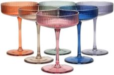 Chouggo Vintage Art Deco Colored Coupe Glasses Set of 6 with Premium Gift Box, Ribbed Crystal Handmade Martini & Cocktail Glasses, Perfect for Holiday Gift