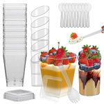 MerryNine 100 Pack 150ml/5.4oz Mini Dessert Cups, Clear Plastic Dessert Cups with Lids and Spoons, Parfait Appetizer Cup, Reusable Dessert Cups for Party, Pudding, Mousse, Angled Round and Trapezoid