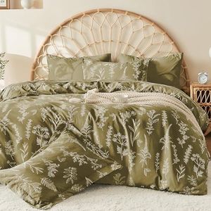 MUXHOMO Duvet Cover Full Size, Reversible Floral Olive Green Duvet Cover Set with Zipper Closure, 3 Pieces Botanical Patterns Soft Microfiber Bedding Set with 4 Ties (80"x90", 2 Pillow Cases)