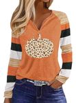 Thankful Greatful Blessed Pumpkin Baseball T-Shirt for Women Thanksgiving Leopard Stripe Splicing Sleeve Shirt, Orange-d, S