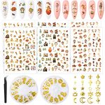 ChuYe 6 Sheets Angel Pattern Nail Stickers & 2 Boxes 3D Nail Art Metal Charms, Baby Angel Nail Art Stickers Self-Adhesive Nail Decals, Gold Metal Nail Studs Punk Star Cross Moon Gem Nail Art Jewel