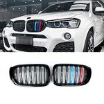 SNA F25 Grill M Color Compatible with 2015-2017 X3 F25 LCI 2015-2018 X4 F26 LCI Front Kidney Grille Gloss Black ABS with Double Slats, 2-pc Set