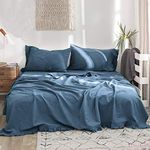 Simple&Opulence Belgian Linen Sheet Set with Ruffle Edge - 4 Pieces (1 Flat Sheet & 1 Fitted Sheet & 2 Pillowcases) Natural Flax Cotton Blend Soft Bedding Breathable Farmhouse (Navy Blue, King)