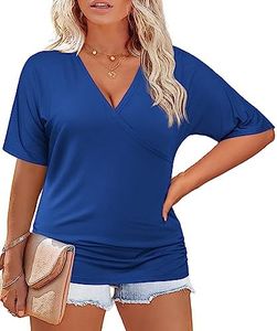 IN'VOLAND Plus Size Women V Neck Wrap Front Drape Tops Short Sleeve Pleated Waist Shirt Blouse, Sky Blue, 16W