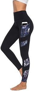 JOYSPELS Women's High Waisted Gym Leggings - Workout Running Sports Black Printed Leggings Yoga Pants Womens with Pockets - Black - L