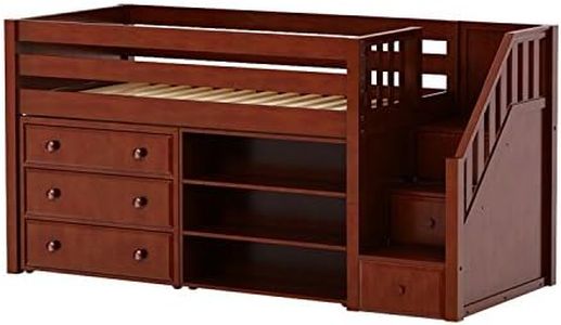 Maxtrix Solid Hardwood Twin-Size Low Loft Bed with Storage Staircase Entry, Bookshelf and 3 Drawer Dresser, Chestnut