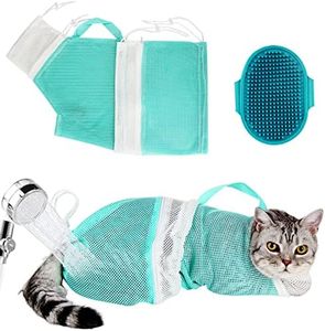 Cat Bag for Bathing Set with Cat Grooming Washing Bag Adjustable Pet Shower Brush - Cat Bathing Mesh Bag Anti Scratch Anti Bite Soft Durable for Cats & Dogs Restraint Grooming Nail Trimming Washing