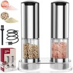 Electric Salt and Pepper Grinder Set, [95ml Capacity] [LED Light] Homtronics Rechargeable Coarseness Pepper Mills with Ceramic Grind, Automatic Stainless Steel Spice Grinder for Kitchen BBQ [2 Pack]