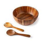 BILL.F Wooden Serving Bowl,12" Acacia Wood Large Salad Bowl Set with Salad Spoon and Fork for Fruits, Salads, Pasta