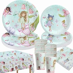 Fairy Party Decorations-Fairy Birthday Party Supplies Includes Fairy Paper Plates,Party Napkins,Plastic Tablecloth Paper Tableware for Baby Shower and Tea Party Decorations with Floral Decorations