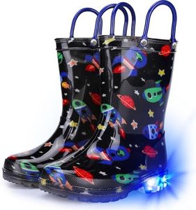 Funspread Toddler Rain Boots Boys Rain Boots - Patterns Light Up Kids Rain Boots with Easy-On Handles Lightwight Waterproof Rain Shoes Black Size 13