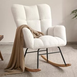 Nursery Rocking Chair, Teddy Fabric Upholstered Glider Rocker with High Backrest, Modern Rocking Accent Chairs Comfy Side Chair for Nursery, Bedroom, Living Room (Ivory)