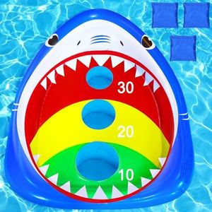 Inflatable Shark Pool Cornhole Board Games,Summer Floating Swimming Pool Ring Toss Toys for Kids Adults Family with 3 Bean Bags
