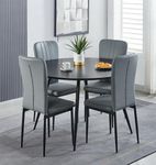 Hallowood Furniture Cullompton Round Dining Table and Chairs Set 4, Large Black Wooden Effect Dining Table (120cm) & Light Grey Faux Leather Chairs, Dining Room Set for Home & Cafe