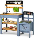 Mud Kitchen with Planter Box, Outdoor Play Pretend Toy with Stoves, Removable Sink, Faucet, Blackboard, Cooking Accessories & Gardening Tools Set, Wooden Kids Kitchen for Boys Girls 3-8 Years Old