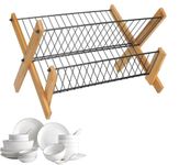 Lucario Bamboo Dish Drying Rack Foldable Dish Rack for Kitchen Collapsible & Compact Wood+Metal Plate Holder Dryer Rack for Plates Space-Saving Storage Organizer(LK-01)