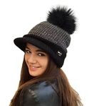 RockJock Ladies Warm Fleece Lined Knitted Peaked Beanie Baseball Cap with Detachable Faux Fur Pompom- wear with or Without Black