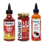 Gusto Foods Combo Pack: Spicy Hot Chili Sauce 340gm + Mango Chilli Sauce 80gm + Ready to Cook Schezwan Gravy 250gm | Extra Spicy Chili Garlic Sauce, Sweet & Sour Mango Chutney, and Easy Indo-Chinese Gravy | Perfect for Cooking, Dipping & Spreading