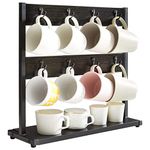 IBUYKE Rustic Coffee Mug Holder Stand, 2 Tier Countertop Mug Tree Holder Rack with Storage Base, Vintage Mug Holders for Kitchen, Holds 16 Mugs, Black TBJ001B