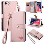 VEEMOS Zipper Wallet Case for Apple iPhone SE 2020 / SE 2022 5G / iPhone 7 / iPhone 8 Phone Case with Purse Card Holders RFID Blocking Leather Flip Case Book Cover Wrist Strap Women - Pink