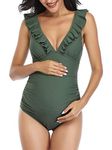 Summer Mae Maternity Swimsuit V Neck One Piece Swimsuit Ruffled Lace Up Monokini Army Green L