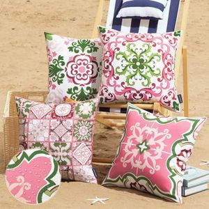 Phantoscope Set of 4 Outdoor Waterproof Throw Pillow Covers, Geometric, Decorative Boho Farmhouse Outdoor Pillows Cushion Case for Home Patio Furniture Tent Sunbrella, Pink/Green Fig 18x18 Inches
