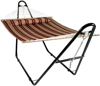 Sunnydaze Double Quilted Fabric Hammock with Universal Steel Stand - 450-Pound Capacity - Black Stand - Red Stripes