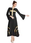 REXREII Womens Praise Cross Worship Dress Bell Sleeve Loose Fit Metallic Ruffles Liturgical Gown Lyrical Dance Robe Costume Black M