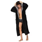 Hooded Herringbone Men's Black Soft Spa Full Lenght Bathrobe With Grey Kimono Shawl Collar(S)