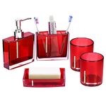 Red Bathroom Accessories Set Bathroom Designer 5-Piece Bath Accessory Set,Acrylic Gift Set Toothbrush Holder Toothbrush Cup Dispenser Dish Toilet Brush Holder Trash Can Tumbler Straw Set