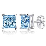 925 Sterling Silver Princess Square Cubic Zirconia Stud Earrings 3mm-8mm Options, Simulated Diamond CZ Studs Hypoallergenic Jewellery (5mm, Silver-Blue Zirconia)