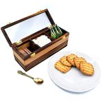 Wooden Tea Box, Glass Top Wooden Tea Storage Box With 3 Compartments Brass Lock And Hand Curved Spoon