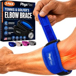 PhysFlex Elbow Brace 2-Pack for Men & Women, Adjustable Tennis & Golfer's Elbow Support Strap for Tendonitis Pain Relief - Compression Pad for Arm, Forearm, Tendon Pain Relief (Blue)