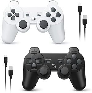 Powerextra PS-3 Controller Wireless Compatible with Play-Station 3, 2 Pack Double Shock High Performance Gaming Controller with Upgraded Joystick Double Shock for Play-Station 3 (Black + White)