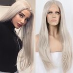 Xiweiya Platinum Grey Lace Front Wigs Long Silver Gray Synthetic Lace Front Wig 13x4 Lace Wig Glueless Heat Resistant Fiber Hair Half Hand Tied Wig 150% Density Hair 26 inch for Women
