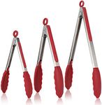 KARP 7/9/12 inches Kitchen Cooking Tongs, with 480ºF High Heat-Resistant Non-Stick Silicone Tips, Stainless Steel Handle, for Food Grill, Salad, BBQ, Frying, Serving,(Red)