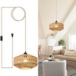 ZemSum Rattan Light Fixtures Plug in Chandelier Ceiling Hanging, Boho Wicker Plug in Pendant Light with Cord, Farmhouse Outdoor Chandelier for Gazebo Bedroom Living Room Kitchen Island