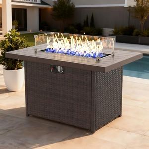 Propane Fire Pit Table, 44" Outdoor Gas Fire Pit with Glass Wind Guard & Waterproof Cover