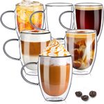 TKNO Set of 6 350ml Double Walled Coffee Glass Mugs with Handle, for Coffee Tea Milk Juice Ice Cream Borosilicate Heat Resistant Glass Tea Cups Mugs 350 ml, Microwave Safe, Ideal for Hot/Cold Drinks