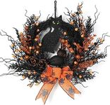 Halloween Wreath for Front Door, 2023 New Halloween Front Door Wreath with Charming Cat, Cute Owl and Orange Bowl, Indoor Outdoor Halloween Wreath for Home Party Office Halloween Decoration, 22 Inch