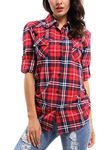 OCHENTA Women's Roll Up Sleeve Button Down Plaid Flannel Shirt Fall Casual Tops, D001 Classic Red, L