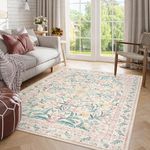 Morebes 5x7 Rug for Living Room Non Slip, Washable Light Pink Rugs for Bedroom Girls, Soft Low-Pile Boho Nursery Rug Indoor Floral Print Throw Carpet for Bedside,Pink&Green/Multi